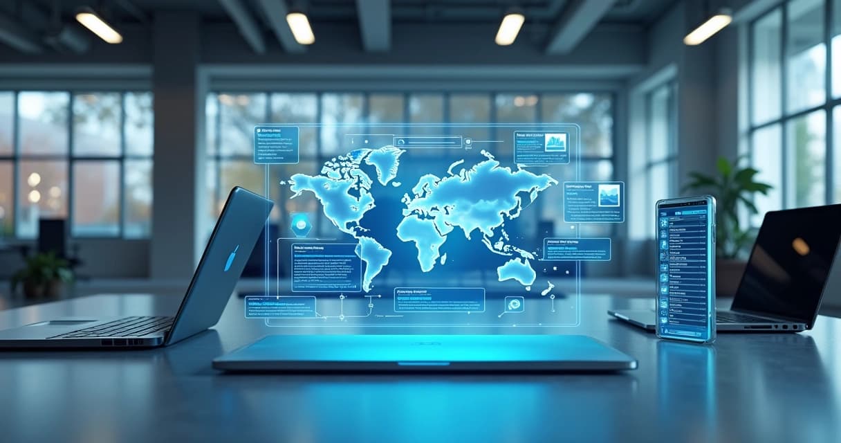 Digital representation of a chatbot interface automating customer support and business processes on multiple devices