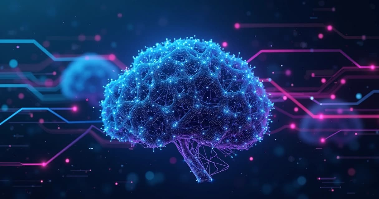 3D digital rendering of layered neural network architecture with interconnected nodes and vibrant glowing pathways